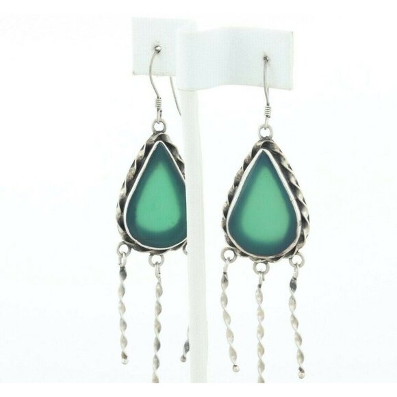 Sterling Silver Green Onyx Dangle Drop Earrings Large Bold - Picture 6 of 7